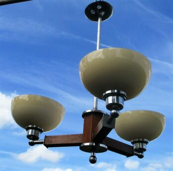 Mid Century Danish Modern teak Chandelier Opal Amber Shades 3 Lights Chrome