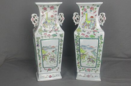 Pair Chinese Porcelain Famille Rose Vases Square Vase 17"