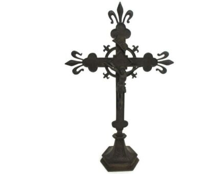 Antique XL French Standing Altar Church Chapel Crucifix Cross Brass fleur de Lis