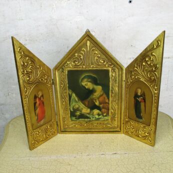 Florentine Wood Italy Triptych Art Panel Traveling Icon Madonna Contemplating