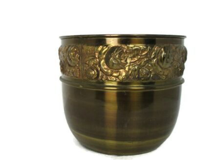 Vintage Brass Planter Jardiniere flower pot Ornate Embossed Beautiful Flower Pattern Barn Style