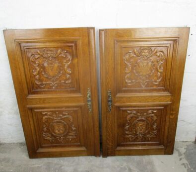 pair Large French Carved Wood Oak Shield Door Panels Reclaimed Architectural