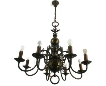 Antique Flemish Dutch Double Chandelier 8 Arms Lights Bronze 19th Century WOW