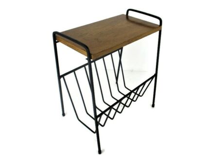Vintage Mid Century Modern Magazine Newspaper Basket Side Table Funky Wrought Iron Wooden Top Modernist