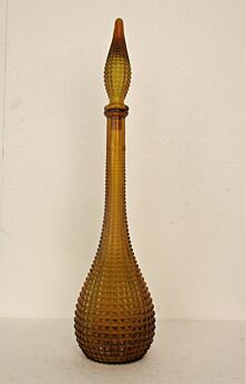Rare Vintage Italian Empoli Glass Genie Bottle Orange Dark Amber Diamond Hobnail