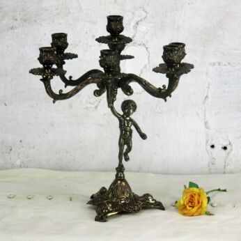 Vintage Gorgeous Embossed Brass Ornate 7 Arm Candle Holder Candelabra Cherub