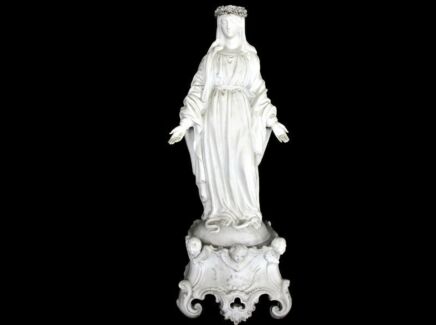 French Antique 1900 Bisque Statue Virgin Mary Our Lady Infant Flower Wreath Crown Open Arms Angels Exquisite 19.68"