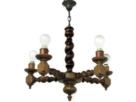 Mid Century Barley Twist Wooden Chandelier Hand carved Wood 5 arm Lights 50s
