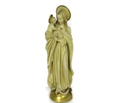 Large Statue Virgin Mary Madonna Infant Treading on Snake Plaster Gold Colored HTF 21.65"