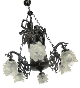 French Chandelier Angels Cherub Putti Couple Black Resin Flower shades 6 Lights