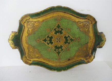 Large Mid Century Italy Hollywood Regency Florentine Serving Tray Green Gold Wood Decoration Ornate