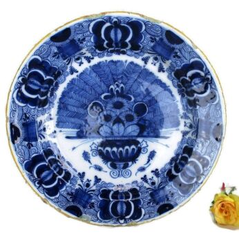 Large 19th Century Hand Painted Delfts Delft Blue Charger Plate Flower Basket