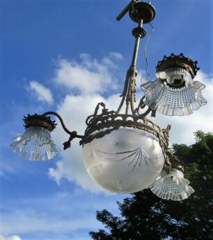 Antique French Empire Style Chandelier Pendant Brass Etched Glass Garlands Tole