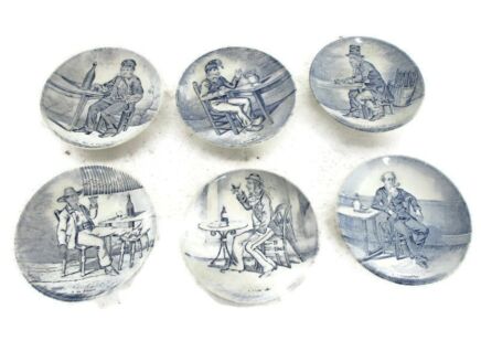 set of 6 Lovely Boch Plates Decorative Blue White small plates French What Men are Drinking Collectors