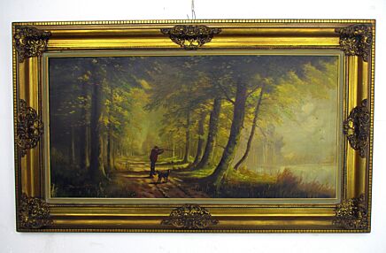 Oil Painting Canvas Gorgeous Wooden Frame Hunting Scene Hunter Dog Signed