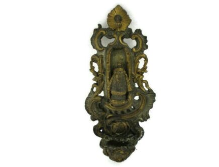 Brass Embossed Holy Water Font JWall Hanging vessel Our Lady of Hal Halle Black Madonna Extremely rare Collector