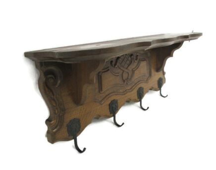 Mid Century Brown wooden Mid Century Modern Coat Hat Rack French Oak Lion Heads