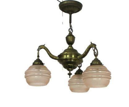 Gothic Brass Dragon Heads 3 Arms Lights Chandelier Lamp Art Deco Glass Shades
