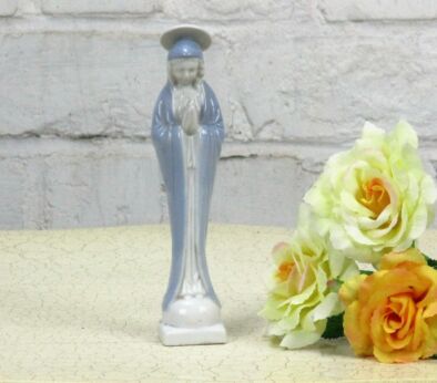 Porcelain Statue Virgin Mary Madonna Our Lady Folded Hands Blue Glazed 7.08"