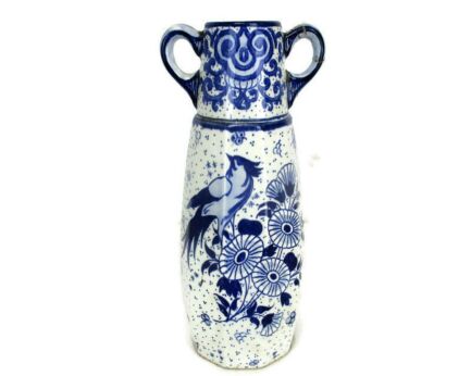 Bird of Paradise 19th Century Antique Jar Blue White Delft Vase Two Handles Gorgeous