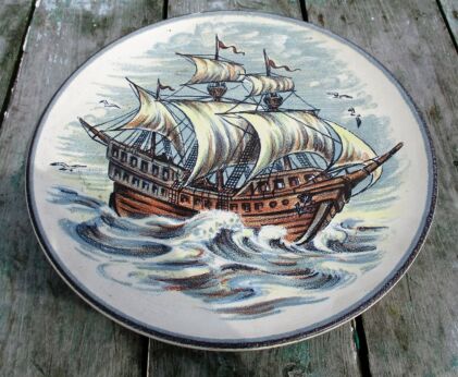 Collector Plate Sailing Boat Ship Pointilisme Ceramic Pottery