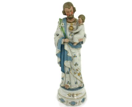 Antique Porcelain Bisque Statue Saint Joseph and Infant Jesus Protector of homes Polychrome 16.33"