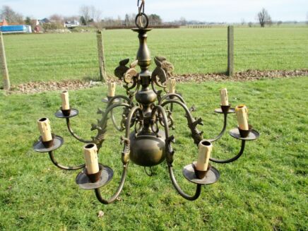 Vintage Ornate Flemish Dutch 8 Arms Chandelier Lights Brass Dolphins Fish