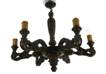 Hand Carved Wooden Chandelier 6 arm Lights Barn Country Farmhouse Style Ornate