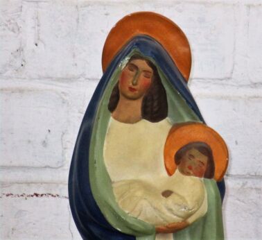 art deco Virgin Mary Holy Mother Madonna with Infant Child Plaster Froustey 16"
