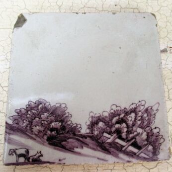1800s Antique Delft Tile Dutch Manganese Goats Landscape Extremely HTF