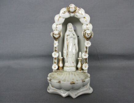 Standing  Holy Water Font Vessel Bisque  Virgin Mary Madonna Candle Holders Flowers White Lovely Collector HTF 4.92"