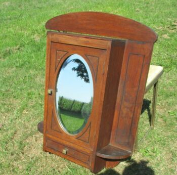 Vintage Medicine Kitchen Wall Cabinet Apothecary oval beveled Glass Mirror Inlay