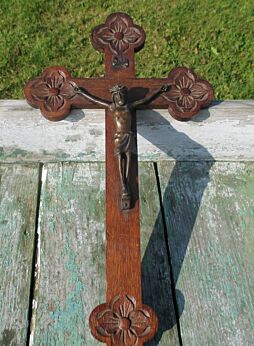 Antique Lovely Small Carved Wood Hanging Crucifix Cross Jesus Christ 13.78"