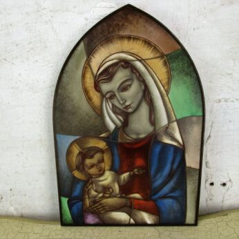 Wall Hanging Virgin Mary Wall Plaque Opaline Look Leaded Glass Style Wood Resin?