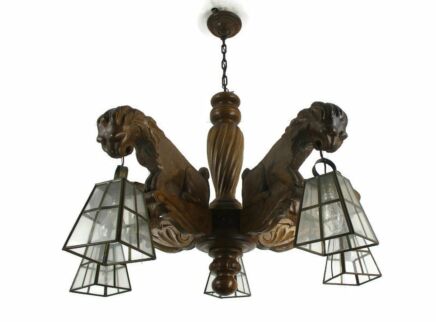 Hand Carved Wooden Chandelier 5 arm Lights Barn Country Lion Heads WOW