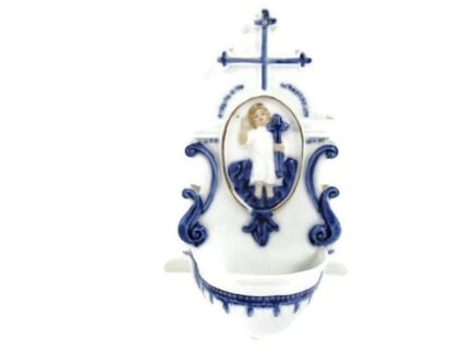 Small Vintage Holy Water Font Vessel Child Holy Infant Crucifix Bisque Porcelain Blue white beautiful