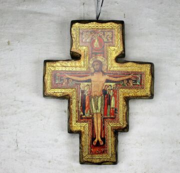 L Florentine Wood San Damiano Style Wall Hanging Crucifix Jesus Christ Gold Gilt