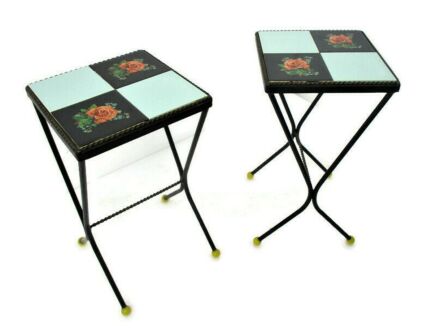 Two Pair Vintage Small Side Table Plant stands Mosaic Ceramic tiles Checkered pattern Wrought Iron Retro Lovely Belgium