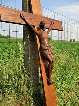 Large Complete Carved Oak Hanging Crucifix Cross Jesus Christ 41.5" 