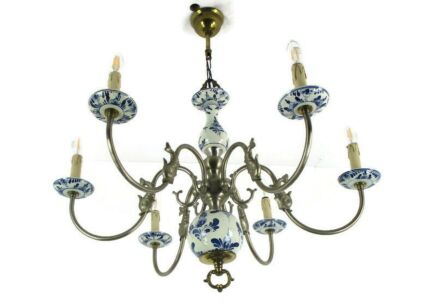 Delft Blue White Porcelain Ornate Brass Chandelier 6 Arm Lights Farm Style Dutch