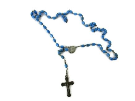 French  Antique  Rosary  Paternoster Wooden Prayer Blue Lovely Beads French