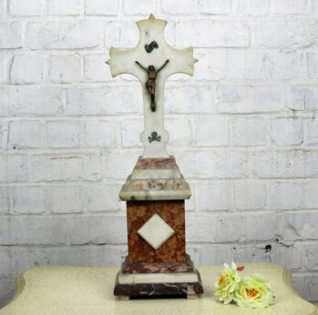 Antique Ornate Marble Onyx Jesus Christ Cross Table Standing Crucifix 22.83"