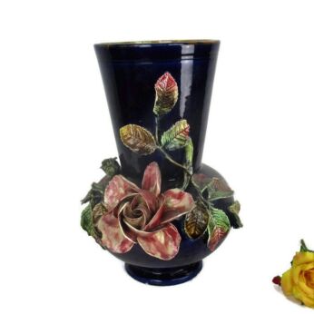 Vintage Barbotine Majolica Vase Applied Rose Vase Marked Lovely