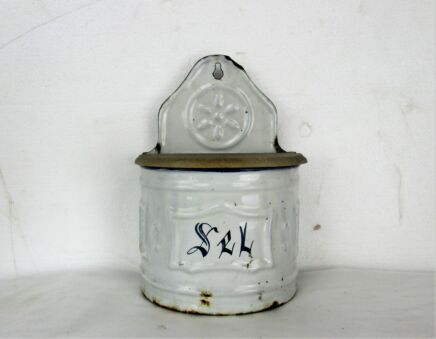 Charming French Salt Sel Jar Box Canister Wooden Lid Enamel Antique Rustic Barn