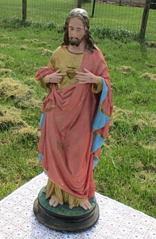 Belgian Antique Jesus Christ Plaster Statuette Catholic Church Chalkware 17.13"