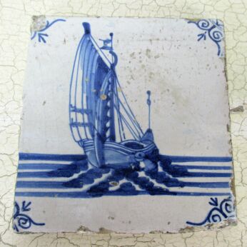 1800 Antique Delft Tile Dutch Decorative Nautical Sailing Boat Blue White HTF
