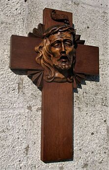 Hand Carved Oak Hanging Crucifix Cross Jesus Christ Carving Head of Thorns