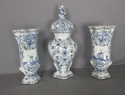 3 pcs Delft Blue Pottery Garniture Set 2 Trumpet Vases Matching Covered Urn