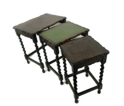 3 Vintage Barley Twist Nesting Side Stacking Tables Hand Carved Wood Mid Century Barn Country Style Farmhouse