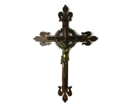 XL Hand Carved Wood French Hanging Ornate Crucifix Jesus Christ Fleur de Lis